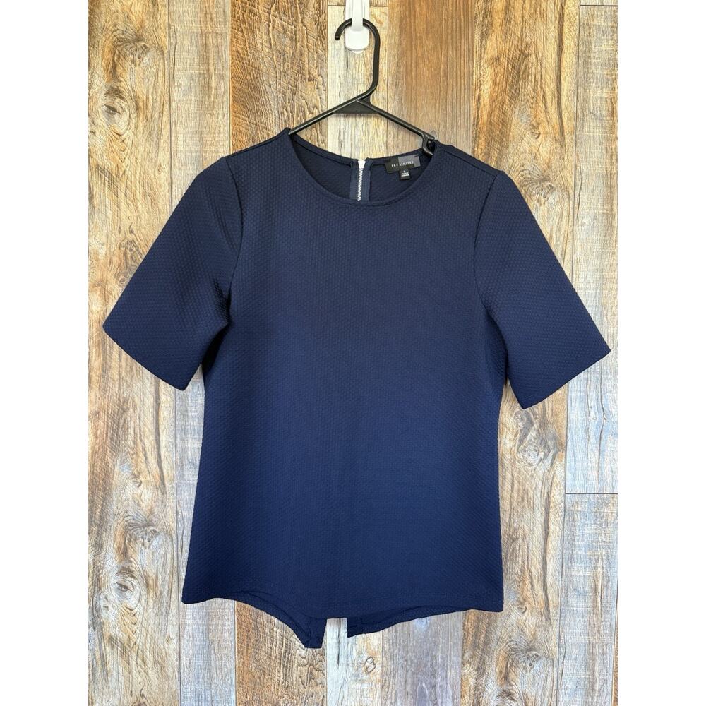 The Limited Womens Small Navy Textured Blouse Short Sleeve Back Zip Career Top